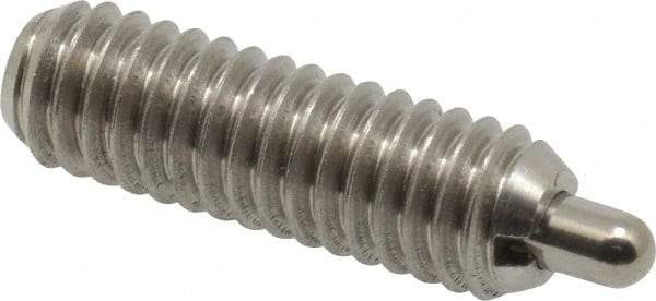 Vlier - 5/16-18, 1" Thread Length, 3/16" Plunger Projection, Stainless Steel Threaded Spring Plunger - 0.133 - 0.135" Max Plunger Diam, 1" Plunger Length, 1.5 Lb Init End Force, 4.5 Lb Final End Force - Eagle Tool & Supply