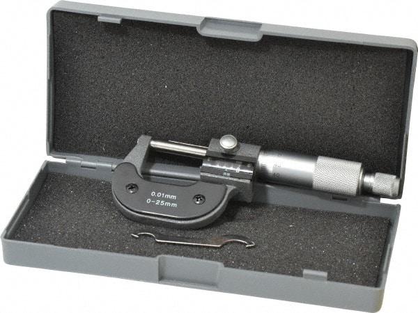 Value Collection - 0 to 25mm Range, 0.01mm Graduation, Mechanical Outside Micrometer - Ratchet Stop Thimble, Digital Counter - Eagle Tool & Supply