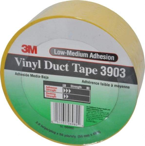 3M - 2" x 50 Yds Yellow Duct Tape - 6.5 mil, Rubber Adhesive, Vinyl Backing, 12.6 Lb/ln Tensile Strength, 200°F Max, Series 3903 - Eagle Tool & Supply