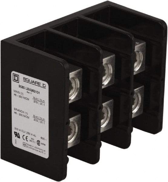 Square D - 3 Poles, 250 (Aluminium), 310 (Copper) Amp, Phenolic Power Distribution Block - 600 VAC, 1 Primary Connection - Eagle Tool & Supply