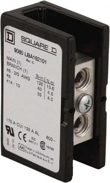 Square D - 3 Poles, 135 (Aluminium), 175 (Copper) Amp, Phenolic Power Distribution Block - 600 VAC, 1 Primary Connection - Eagle Tool & Supply