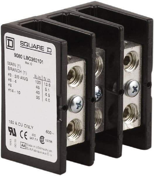 Square D - 3 Poles, 150 (Copper) Amp, Phenolic Power Distribution Block - 600 VAC, 1 Primary Connection - Eagle Tool & Supply