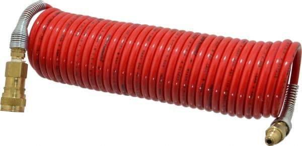 PRO-SOURCE - 1/4" ID, 1/4 Thread, 25' Long, Red Nylon Coiled & Self Storing Hose - 240 Max psi, Industrial Interchange Coupler x Plug - Eagle Tool & Supply