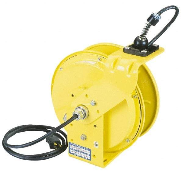 Conductix - 16 AWG, 35' Cable Length, Cord & Cable Reel with Incandescent Hand Lamp End - 1 Outlet, NEMA 5-15R, 10 Amps, 125 Volts, SOOW-A Cable, Yellow Reel, Spring Driven Reel - Eagle Tool & Supply