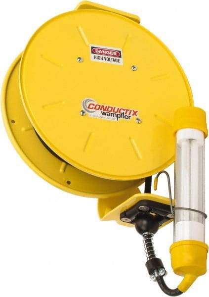 Conductix - 16 AWG, 35' Cable Length, Cord & Cable Reel with Fluorescent Hand Lamp End - 0 Outlets, 10 Amps, SOOW-A Cable, Yellow Reel, Spring Driven Reel - Eagle Tool & Supply