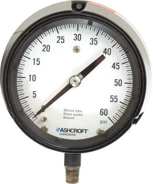 Ashcroft - 4-1/2" Dial, 1/4 Thread, 0-60 Scale Range, Pressure Gauge - Lower Connection, Rear Flange Connection Mount, Accurate to 0.5% of Scale - Eagle Tool & Supply
