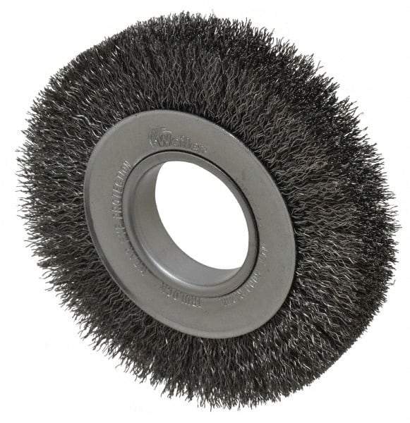 Weiler - 6" OD, 2" Arbor Hole, Crimped Steel Wheel Brush - 1" Face Width, 1-1/8" Trim Length, 0.014" Filament Diam, 6,000 RPM - Eagle Tool & Supply