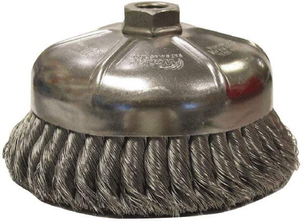 Weiler - 3-1/2" Diam, 5/8-11 Threaded Arbor, Steel Fill Cup Brush - 0.02 Wire Diam, 1-1/4" Trim Length, 9,000 Max RPM - Eagle Tool & Supply