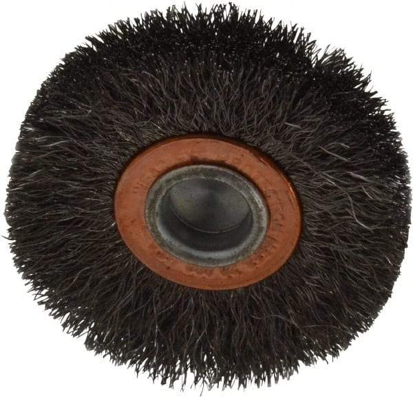 Weiler - 2" OD, 1/4" Shank Diam, Crimped Steel Wheel Brush - 3/8" Face Width, 1/2" Trim Length, 0.006" Filament Diam, 20,000 RPM - Eagle Tool & Supply