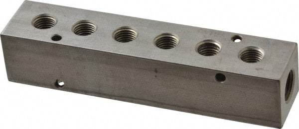 Made in USA - 3/8" Inlet, 1/4" Outlet Manifold - 5.88" Long x 1-1/4" Wide x 1-1/4" High, 0.2" Mount Hole, 2 Inlet Ports, 6 Outlet Ports - Eagle Tool & Supply