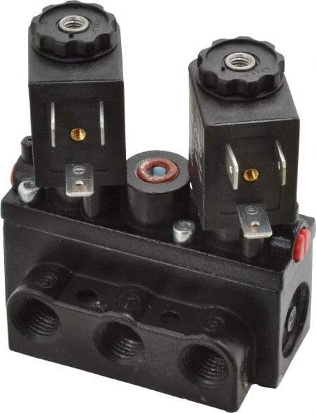 ARO/Ingersoll-Rand - 1/4" Inlet x 1/4" Outlet, Solenoid Actuator, Solenoid Return, 3 Position, Body Ported Solenoid Air Valve - 120 VAC Input, 32 CFM, 0.9 CV, 4 Way, 150 psi, 2-15/16" Long x 1-15/16" Wide x 1-13/16" High, 0 to 180°F - Eagle Tool & Supply