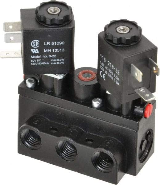ARO/Ingersoll-Rand - 1/4" Inlet x 1/4" Outlet, Solenoid Actuator, Solenoid Return, 3 Position, Body Ported Solenoid Air Valve - 120 VAC Input, 32 CFM, 0.9 CV, 4 Way, 150 psi, 2-15/16" Long x 1-15/16" Wide x 1-13/16" High, 0 to 180°F - Eagle Tool & Supply