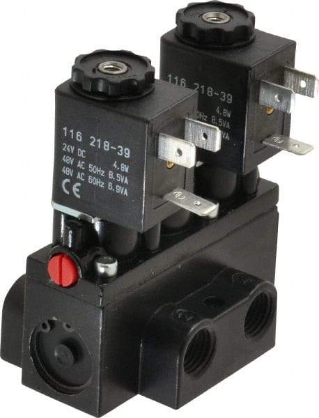 ARO/Ingersoll-Rand - 1/4" Inlet x 1/4" Outlet, Solenoid Actuator, Solenoid Return, 3 Position, Body Ported Solenoid Air Valve - 24 VDC Input, 32 CFM, 0.9 CV, 4 Way, 150 psi, 2-15/16" Long x 1-15/16" Wide x 1-13/16" High, 0 to 180°F - Eagle Tool & Supply