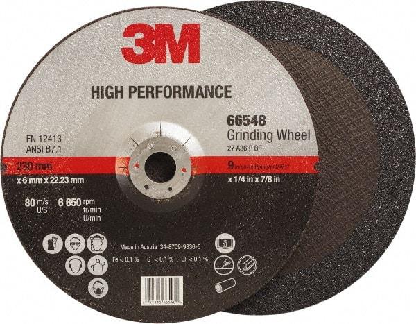 3M - 36 Grit, 9" Wheel Diam, 1/4" Wheel Thickness, 7/8" Arbor Hole, Type 27 Depressed Center Wheel - Ceramic, Resinoid Bond, 6,650 Max RPM, Compatible with Angle Grinder - Eagle Tool & Supply
