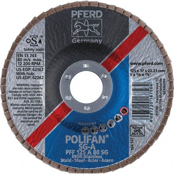 PFERD - 80 Grit, 5" Disc Diam, 7/8" Center Hole, Type 27 Aluminum Oxide Flap Disc - 12,200 Max RPM, Fiberglass Backing, Arbor Attaching System, Coated - Eagle Tool & Supply