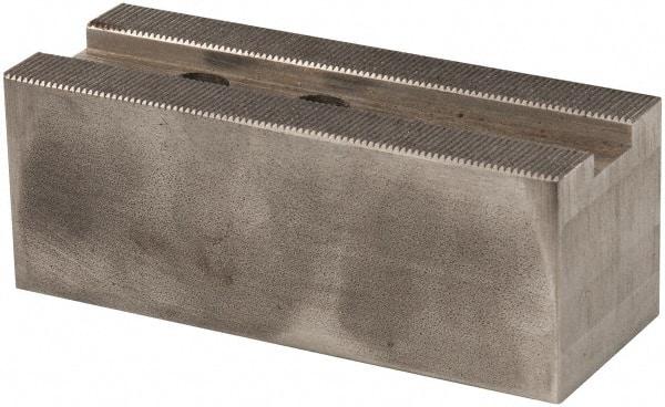Atlas Workholding - 1.5mm x 60° Serrated Attachment, Square Soft Lathe Chuck Jaw - Steel, 1.18" Btw Mount Hole Ctrs, 5-1/4" Long x 2" Wide x 2" High, 0.71" Groove, M14mm Fastener - Eagle Tool & Supply