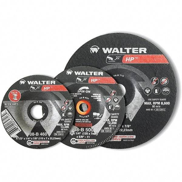 WALTER Surface Technologies - 30 Grit, 9" Wheel Diam, 1/8" Wheel Thickness, Type 27 Depressed Center Wheel - Aluminum Oxide, Resinoid Bond, 6,600 Max RPM - Eagle Tool & Supply