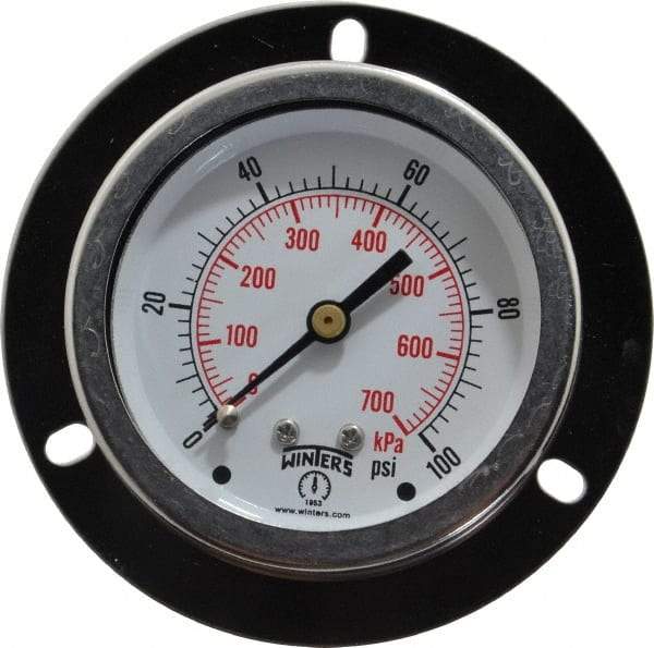 Winters - 2-1/2" Dial, 1/4 Thread, 0-100 Scale Range, Pressure Gauge - Front Flange Panel Mount, Center Back Connection Mount, Accurate to 1.5% of Scale - Eagle Tool & Supply