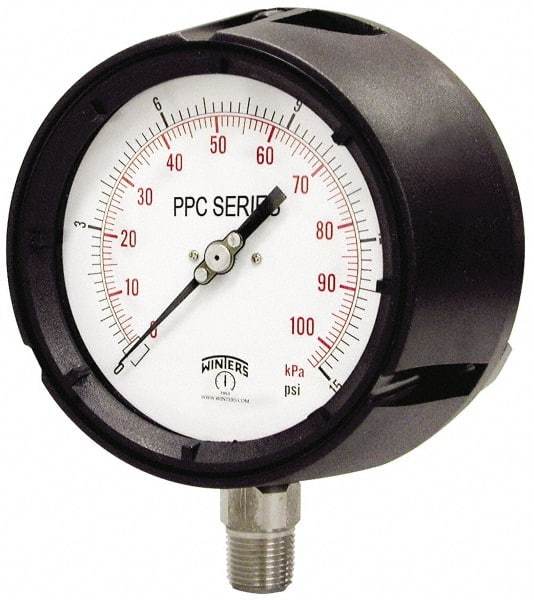 Winters - 4-1/2" Dial, 1/2 Thread, 0-2,000 Scale Range, Pressure Gauge - Lower Connection Mount, Accurate to 0.5% of Scale - Eagle Tool & Supply
