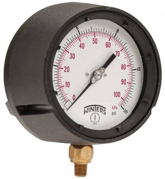 Winters - 4-1/2" Dial, 1/4 Thread, 0-15 Scale Range, Pressure Gauge - Lower Connection Mount, Accurate to 0.5% of Scale - Eagle Tool & Supply
