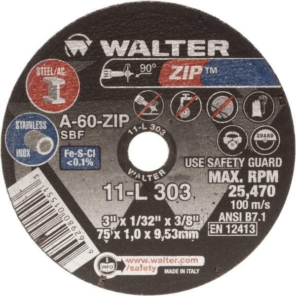 WALTER Surface Technologies - 3" Aluminum Oxide Cutoff Wheel - 1/32" Thick, 3/8" Arbor, 25,470 Max RPM, Use with Die Grinders - Eagle Tool & Supply