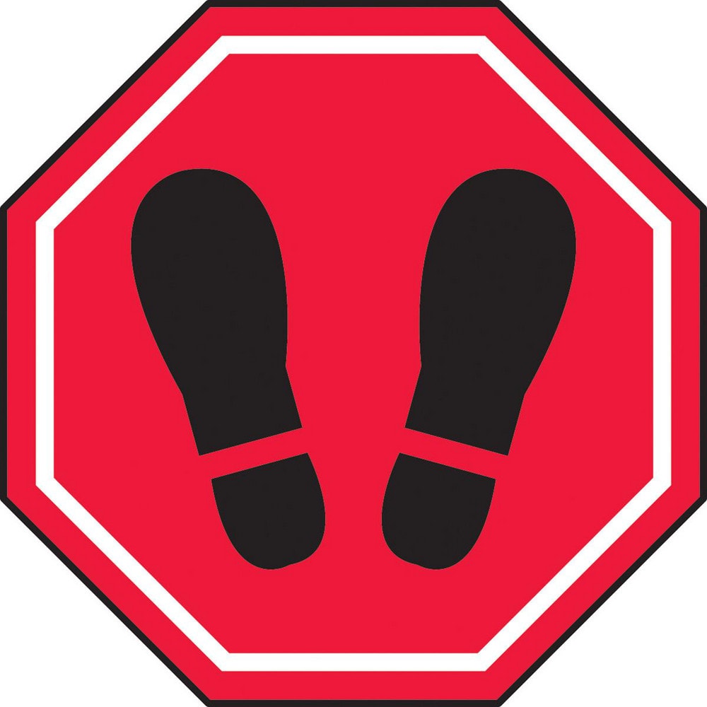 Adhesive Backed Floor Signs; Message Type: Traffic Control; Message/Graphic: Graphic Only; Message or Graphic: Graphic Only; Legend: Footprint  Graphic; Material: Vinyl; Legend Color: Black; Color: Red, White, Black; Shape: Octagon