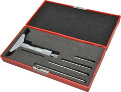 Value Collection - 0 to 4" Range, 4 Rod, Satin Chrome Finish Mechanical Depth Micrometer - Ball Thimble, 2-1/2" Base Length, 0.001" Graduation, 4.5mm Rod Diam - Eagle Tool & Supply
