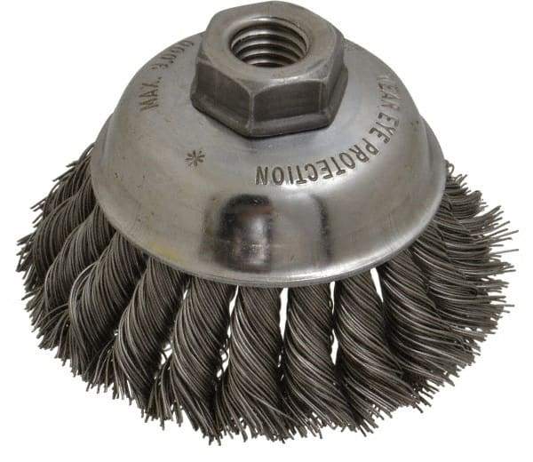 Anderson - 3-1/2" Diam, 5/8-11 Threaded Arbor, Steel Fill Cup Brush - 0.02 Wire Diam, 1-1/4" Trim Length, 9,000 Max RPM - Eagle Tool & Supply