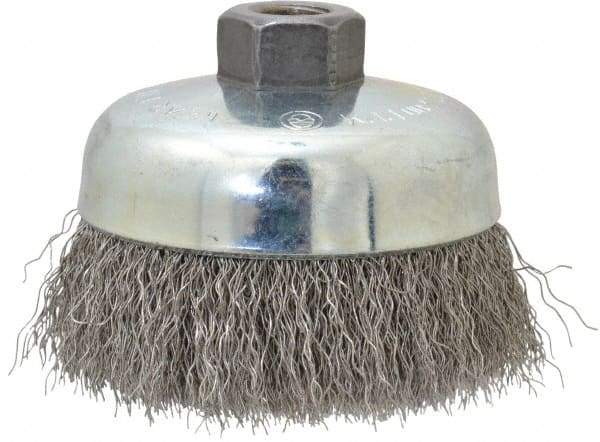 Anderson - 4" Diam, 5/8-11 Threaded Arbor, Stainless Steel Fill Cup Brush - 0.014 Wire Diam, 1-1/4" Trim Length, 9,000 Max RPM - Eagle Tool & Supply