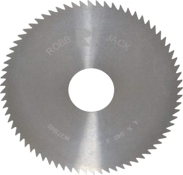 RobbJack - 4" Diam x 0.04" Blade Thickness x 1" Arbor Hole Diam, 72 Tooth Slitting and Slotting Saw - Arbor Connection, Right Hand, Uncoated, Solid Carbide, Concave Ground - Eagle Tool & Supply