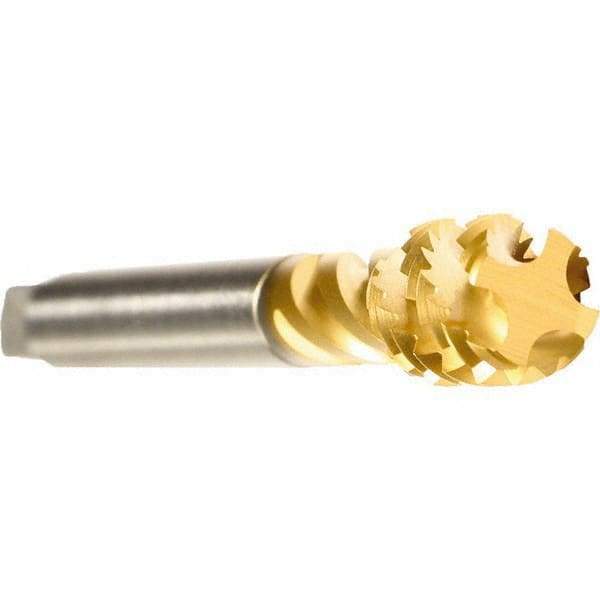 Emuge - M42x4.50 Metric 6 Flute 6H Modified Bottoming Spiral Flute Tap - Cobalt, TiN Finish, 200mm OAL, Right Hand Flute, Right Hand Thread, Series Enorm - Exact Industrial Supply