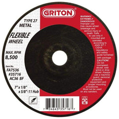 Value Collection - 36 Grit, 7" Wheel Diam, 1/8" Wheel Thickness, Type 27 Depressed Center Wheel - Aluminum Oxide, 8,500 Max RPM - Eagle Tool & Supply