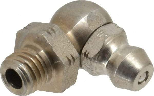 Alemite - 90° Head Angle, 1/4-28 Taper Stainless Steel Standard Grease Fitting - 3/8" Hex, 3/4" Overall Height, 13/64" Shank Length - Eagle Tool & Supply