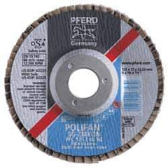 PFERD - 60 Grit, 4-1/2" Disc Diam, 5/8-11 Center Hole, Type 27 Zirconia Alumina Flap Disc - 13,300 Max RPM, Fiberglass Backing, Arbor Attaching System, Coated - Eagle Tool & Supply