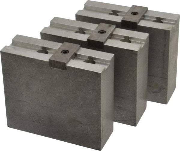Abbott Workholding Products - 10" & Up Chuck Capacity, Tongue & Groove Attachment, Square Soft Lathe Chuck Jaw - 3 Jaws, Aluminum, 2-1/8" Btw Mount Hole Ctrs, 4-1/2" Long x 1-1/2" Wide x 4" High, 1/2" Groove, 1/2" Fastener - Eagle Tool & Supply