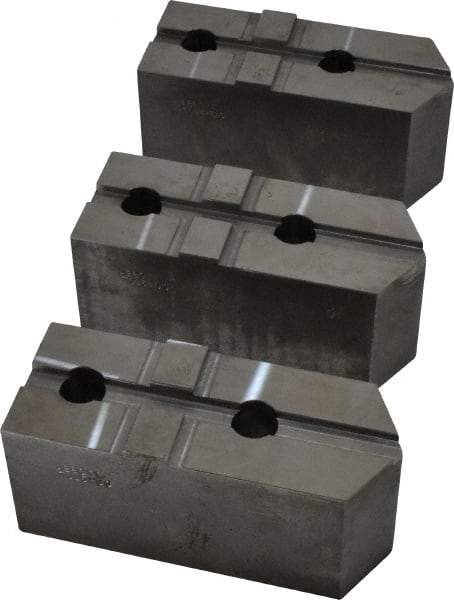 Abbott Workholding Products - 15 to 18" Chuck Capacity, Tongue & Groove Attachment, Square Soft Lathe Chuck Jaw - 3 Jaws, Steel, 3" Btw Mount Hole Ctrs, 6-1/2" Long x 2-1/2" Wide x 3" High, 1/2" Groove, 3/4" Fastener - Eagle Tool & Supply