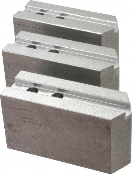 Abbott Workholding Products - 10" & Up Chuck Capacity, 1.5mm x 60° Serrated Attachment, Square Soft Lathe Chuck Jaw - 3 Jaws, Aluminum, 1.1811" Btw Mount Hole Ctrs, 5-1/2" Long x 2" Wide x 3" High, 0.6299" Groove, 0.4724" & 12mm Fastener - Eagle Tool & Supply