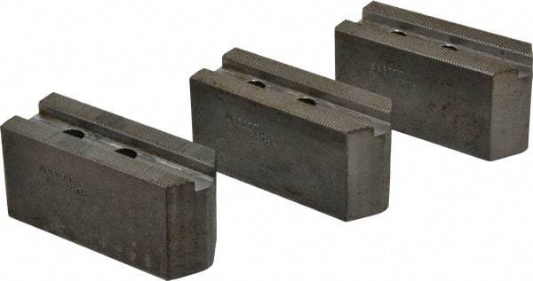 Abbott Workholding Products - 8" & Up Chuck Capacity, 1.5mm x 60° Serrated Attachment, Square Soft Lathe Chuck Jaw - 3 Jaws, Steel, 1.1811" Btw Mount Hole Ctrs, 4" Long x 1-1/2" Wide x 2" High, 0.5512" Groove, 0.3937" & 10mm Fastener - Eagle Tool & Supply