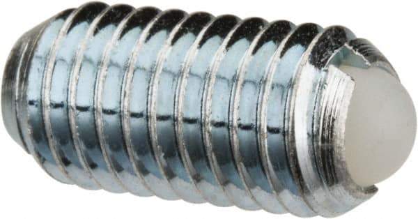 Vlier - M8x1.25, 5mm Ball Diam, 16mm Body Length, 1.5mm Max Ball Reach, Threaded Ball Plunger - Steel Body, Nylon Ball, 1.12 Lb Initial End Force, 2.25 Lb Final End Force - Eagle Tool & Supply