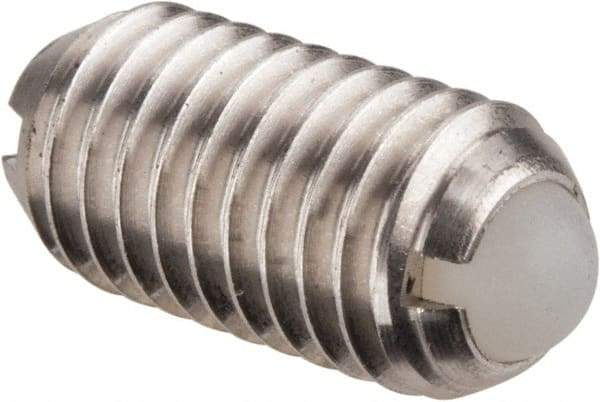 Vlier - M8x1.25, 5mm Ball Diam, 16mm Body Length, 1.5mm Max Ball Reach, Threaded Ball Plunger - Stainless Steel Body, Nylon Ball, 3.37 Lb Initial End Force, 6.75 Lb Final End Force - Eagle Tool & Supply
