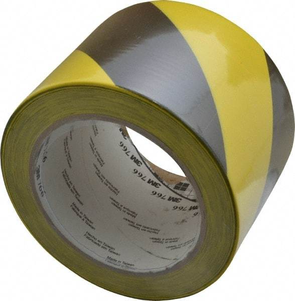 3M - Black & Yellow Striped Vinyl Tape - 3" Wide x 108' Long x 0.005" Thick, General Traffic - Eagle Tool & Supply