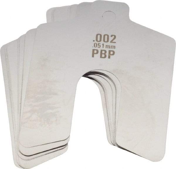 Made in USA - 20 Piece, 2 Inch Long x 2 Inch Wide x 0.002 Inch Thick, Slotted Shim Stock - Stainless Steel, 5/8 Inch Wide Slot - Eagle Tool & Supply