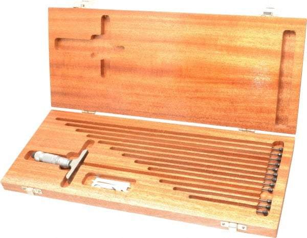 TESA Brown & Sharpe - 0 to 12" Range, 12 Rod, Satin Chrome Finish Mechanical Depth Micrometer - Friction Thimble, 2-1/2" Base Length, 0.001" Graduation, 1/8" Rod Diam - Eagle Tool & Supply