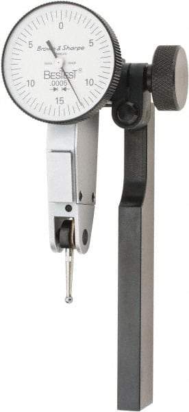 TESA Brown & Sharpe - 0.03 Inch Range, 0.0005 Inch Dial Graduation, Horizontal Dial Test Indicator - 1 Inch White Dial, 0-15-0 Dial Reading - Eagle Tool & Supply