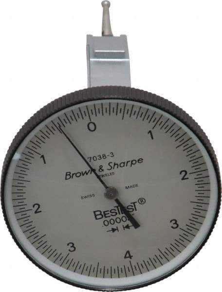 TESA Brown & Sharpe - 0.008 Inch Range, 0 Inch Dial Graduation, Vertical Dial Test Indicator - 1-1/2 Inch White Dial, 0-4-0 Dial Reading - Eagle Tool & Supply