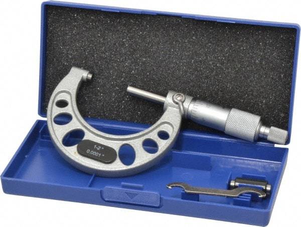 Value Collection - 1 to 2" Range, 0.0001" Graduation, Mechanical Outside Micrometer - Ratchet Stop Thimble, Accurate to 0.0001" - Eagle Tool & Supply