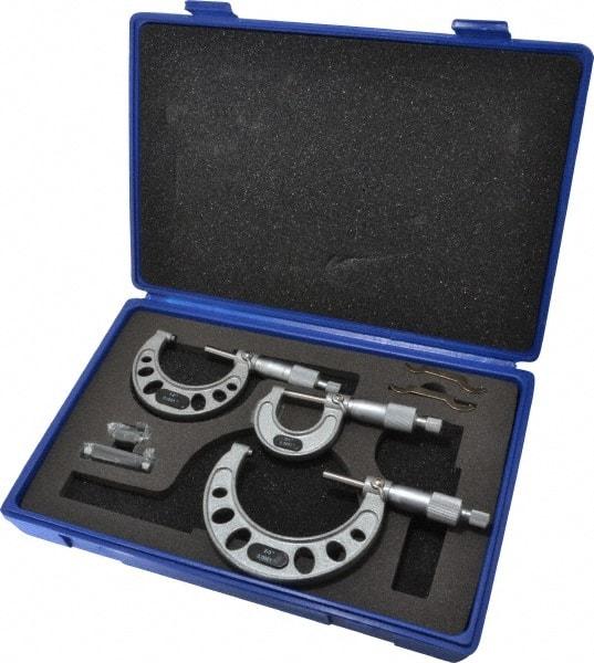 Value Collection - 0 to 3" Range, 3 Piece Mechanical Outside Micrometer Set - 0.0001" Graduation, 0.0001" Accuracy, Ratchet Stop Thimble, Steel Face - Eagle Tool & Supply