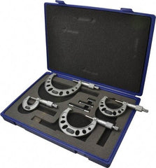 Value Collection - 0 to 100mm Range, 4 Piece Mechanical Outside Micrometer Set - 0.01mm Graduation, 0.005mm Accuracy, Ratchet Stop Thimble, Steel Face - Eagle Tool & Supply
