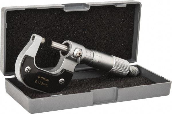 Value Collection - 0 to 25mm Range, 0.01mm Graduation, Mechanical Outside Micrometer - Ratchet Stop Thimble - Eagle Tool & Supply
