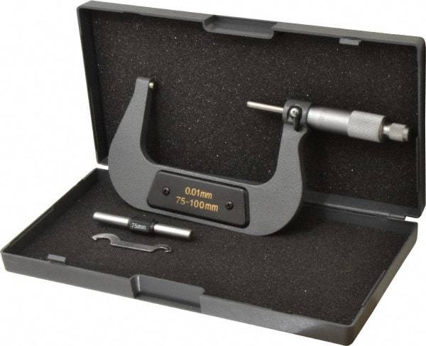 Value Collection - 75 to 100mm Range, 0.01mm Graduation, Mechanical Outside Micrometer - Ratchet Stop Thimble - Eagle Tool & Supply